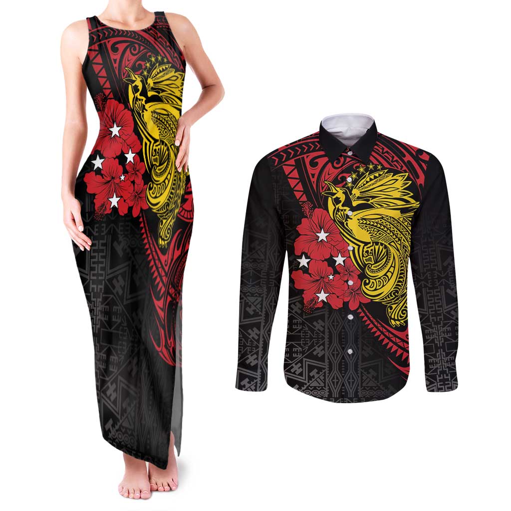 Papua New Guinea 49th Independence Day Couples Matching Tank Maxi Dress and Long Sleeve Button Shirt Motuan Revareva Bird-of-Paradise LT7 Black - Polynesian Pride