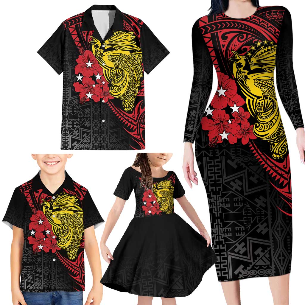 Papua New Guinea 49th Independence Day Family Matching Long Sleeve Bodycon Dress and Hawaiian Shirt Motuan Revareva Bird-of-Paradise