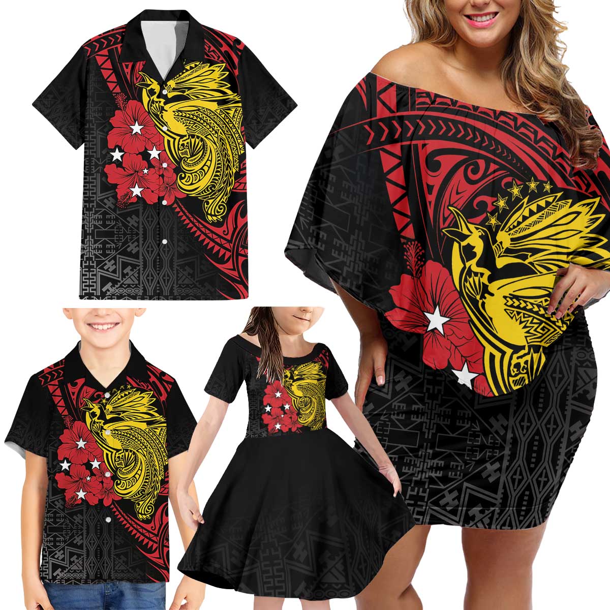 Papua New Guinea 49th Independence Day Family Matching Off Shoulder Short Dress and Hawaiian Shirt Motuan Revareva Bird-of-Paradise