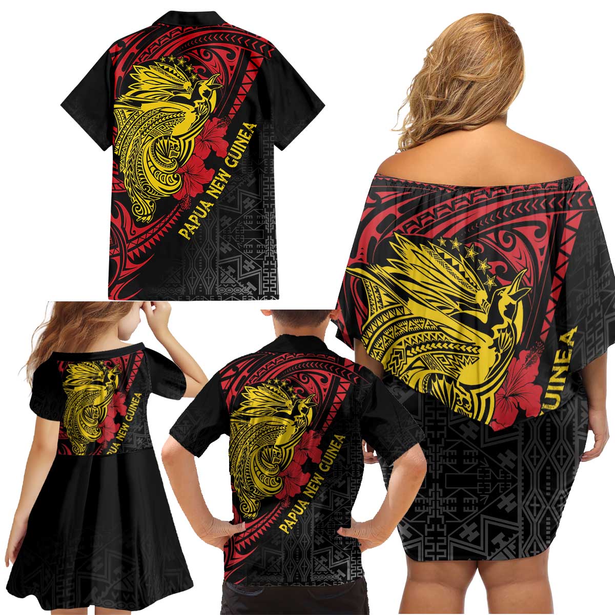 Papua New Guinea 49th Independence Day Family Matching Off Shoulder Short Dress and Hawaiian Shirt Motuan Revareva Bird-of-Paradise