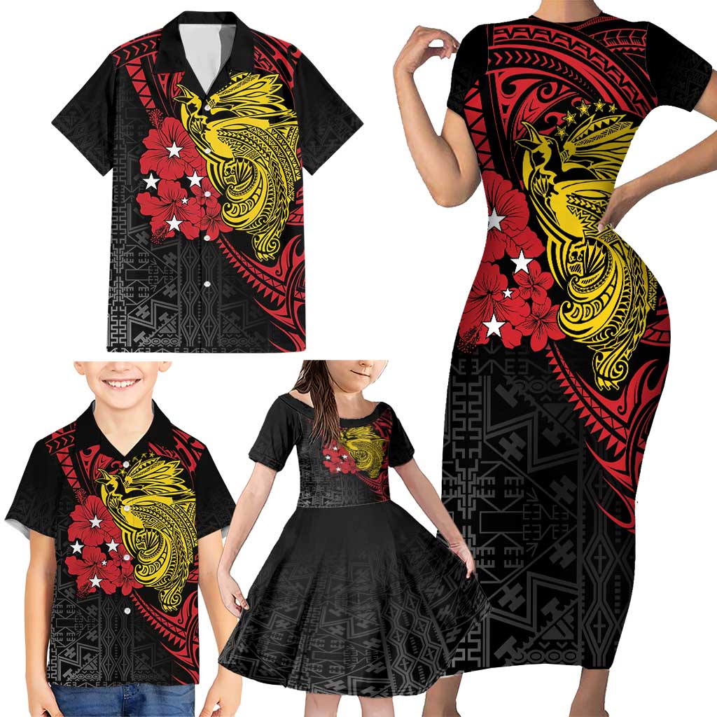 Papua New Guinea 49th Independence Day Family Matching Short Sleeve Bodycon Dress and Hawaiian Shirt Motuan Revareva Bird-of-Paradise