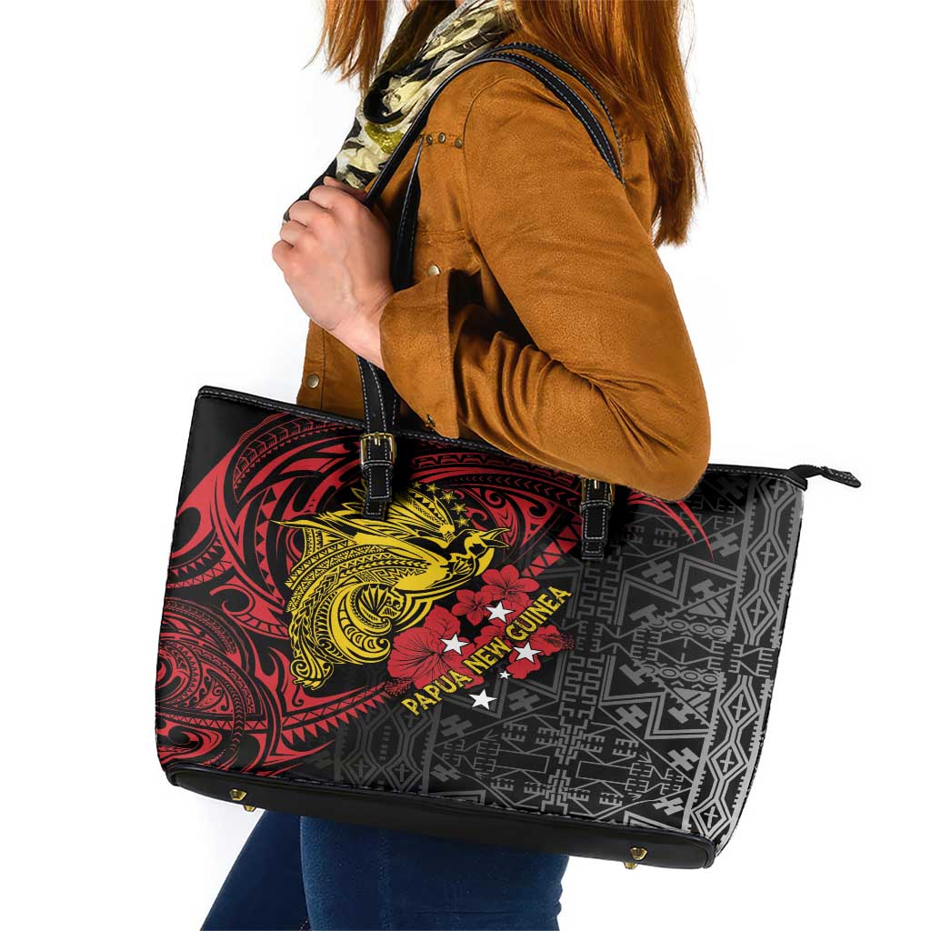 Papua New Guinea 49th Independence Day Leather Tote Bag Motuan Revareva Bird-of-Paradise LT7 Black - Polynesian Pride
