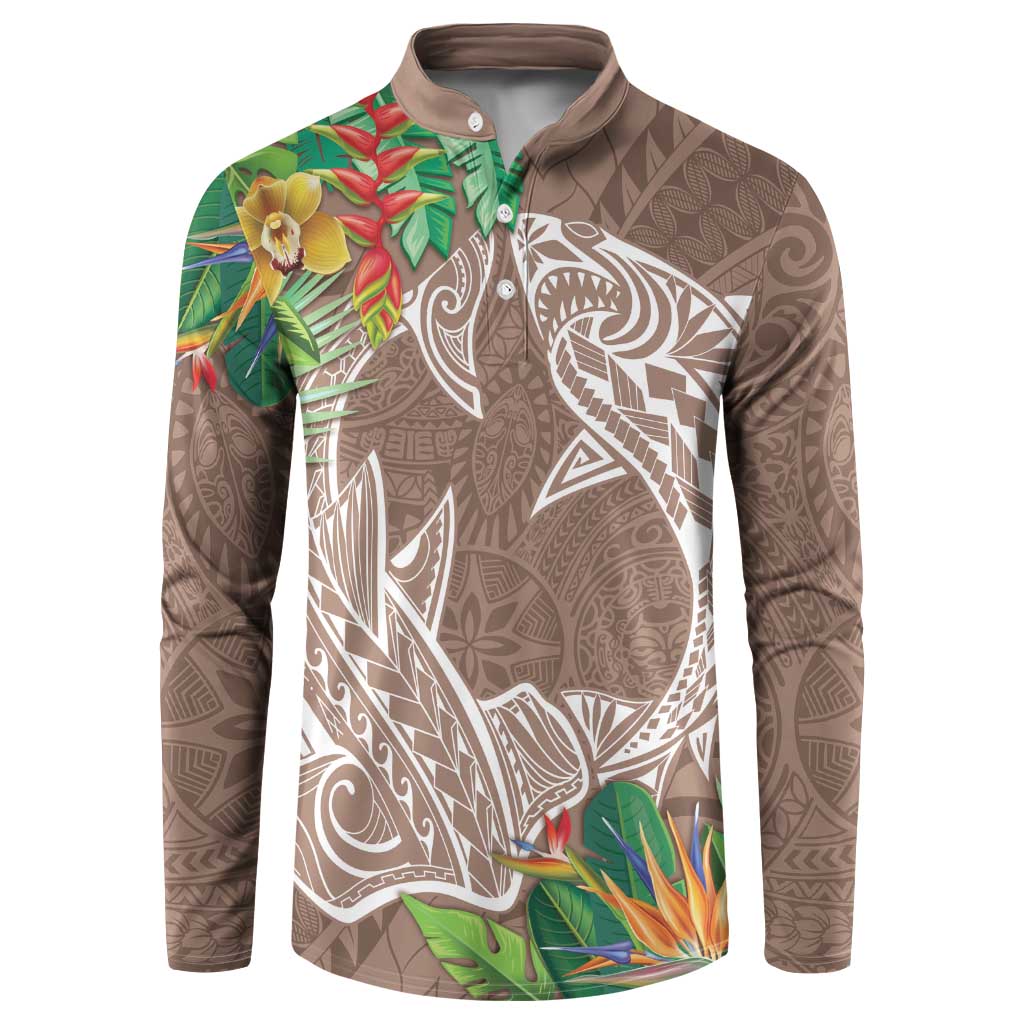 Polynesia Button Sweatshirt Sharks Duo Tropical Brown LT7 Brown - Polynesian Pride