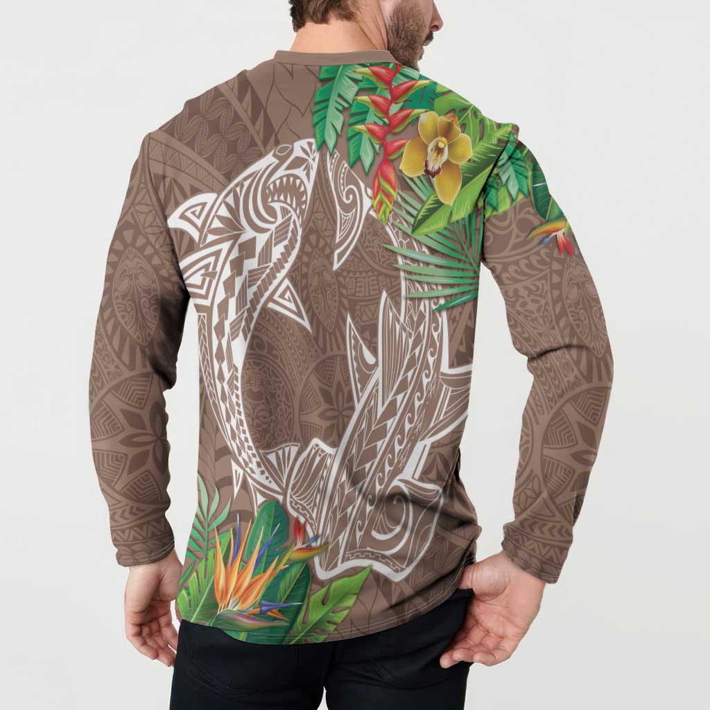 Polynesia Button Sweatshirt Sharks Duo Tropical Brown LT7 - Polynesian Pride