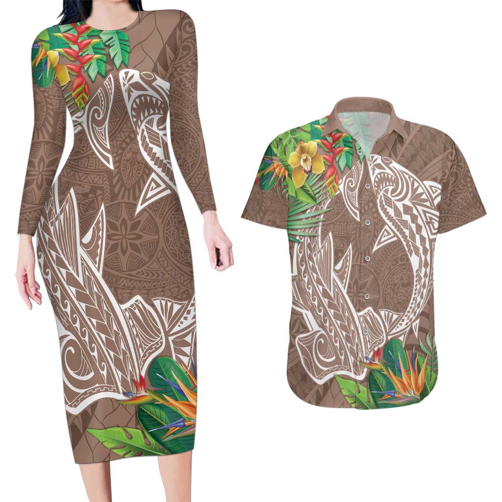 Polynesia Couples Matching Long Sleeve Bodycon Dress and Hawaiian Shirt Sharks Duo Tropical Brown LT7 Brown - Polynesian Pride