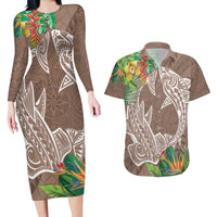 Polynesia Couples Matching Long Sleeve Bodycon Dress and Hawaiian Shirt Sharks Duo Tropical Brown LT7 Brown - Polynesian Pride