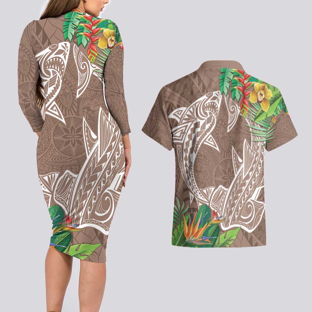 Polynesia Couples Matching Long Sleeve Bodycon Dress and Hawaiian Shirt Sharks Duo Tropical Brown LT7 - Polynesian Pride