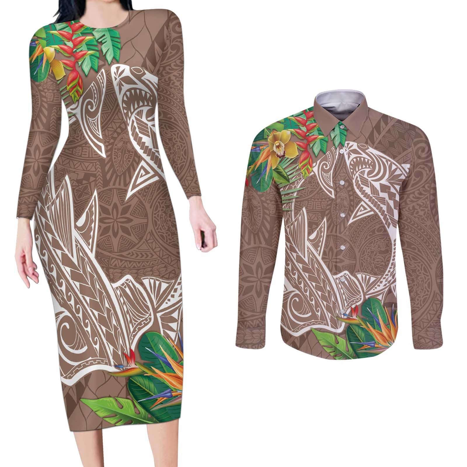Polynesia Couples Matching Long Sleeve Bodycon Dress and Long Sleeve Button Shirt Sharks Duo Tropical Brown LT7 Brown - Polynesian Pride