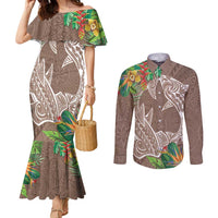 Polynesia Couples Matching Mermaid Dress and Long Sleeve Button Shirt Sharks Duo Tropical Brown LT7 Brown - Polynesian Pride
