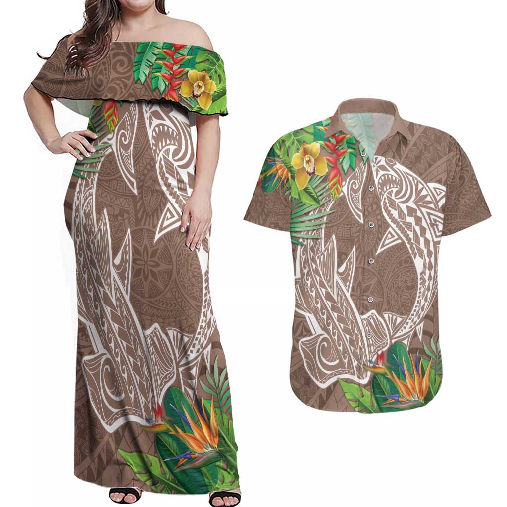 Polynesia Couples Matching Off Shoulder Maxi Dress and Hawaiian Shirt Sharks Duo Tropical Brown