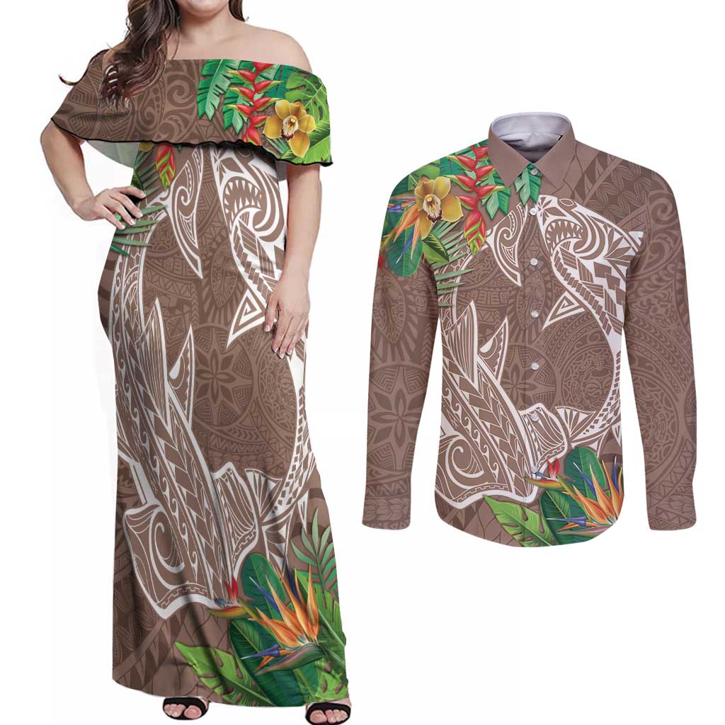 Polynesia Couples Matching Off Shoulder Maxi Dress and Long Sleeve Button Shirt Sharks Duo Tropical Brown LT7 Brown - Polynesian Pride