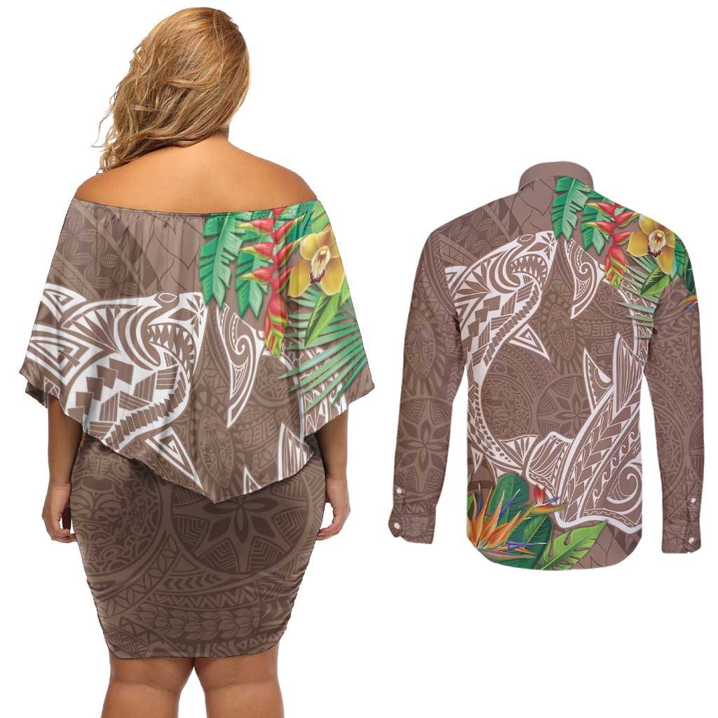 Polynesia Couples Matching Off Shoulder Short Dress and Long Sleeve Button Shirt Sharks Duo Tropical Brown LT7 - Polynesian Pride