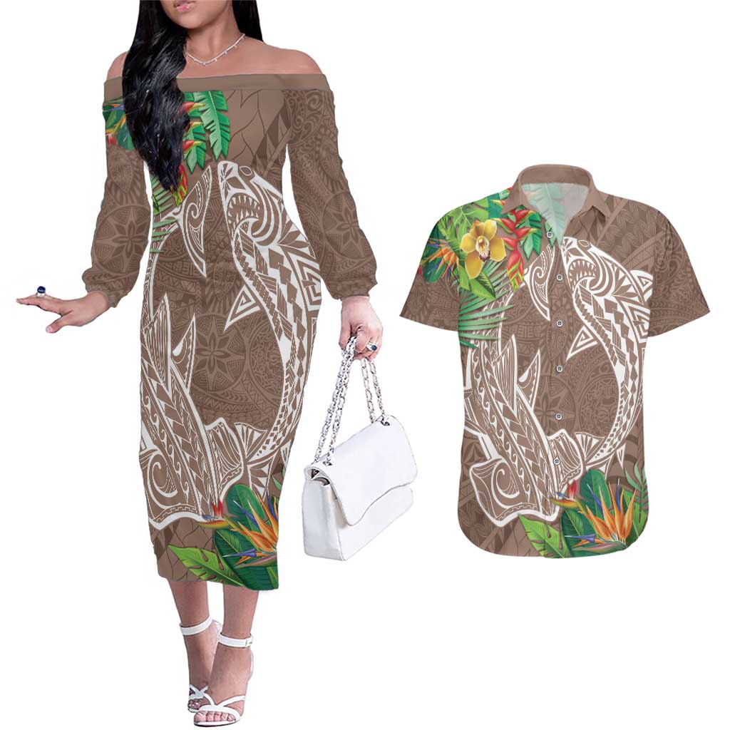 Polynesia Couples Matching Off The Shoulder Long Sleeve Dress and Hawaiian Shirt Sharks Duo Tropical Brown LT7 Brown - Polynesian Pride