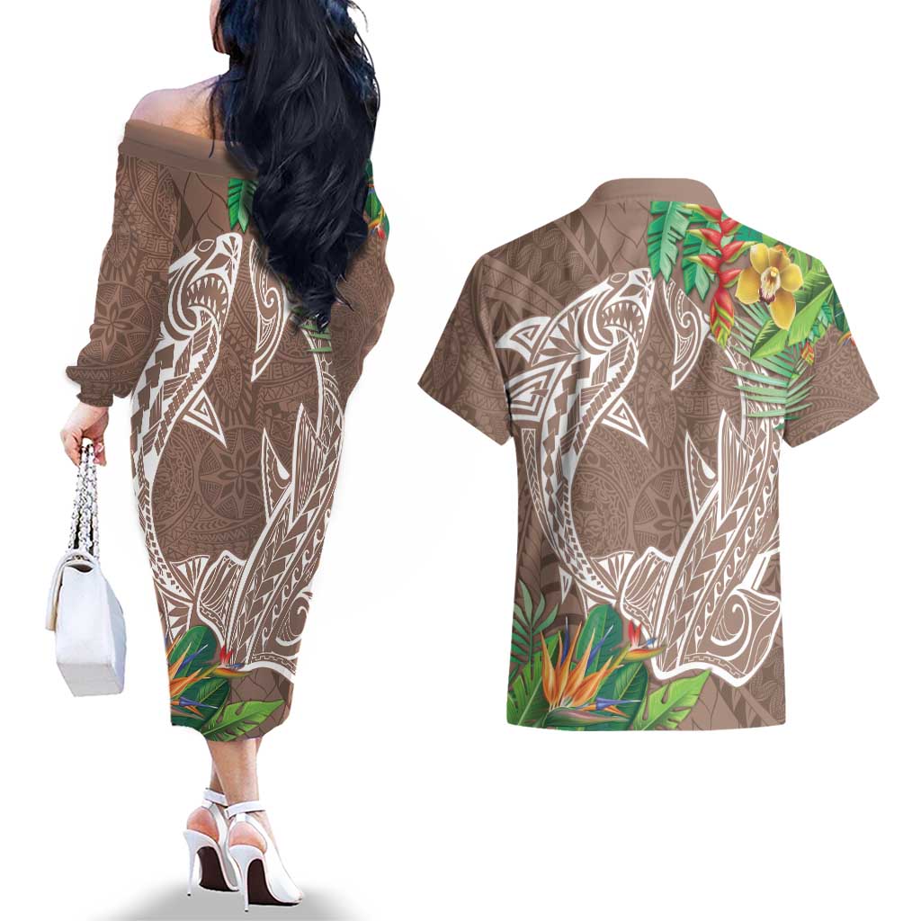 Polynesia Couples Matching Off The Shoulder Long Sleeve Dress and Hawaiian Shirt Sharks Duo Tropical Brown LT7 - Polynesian Pride