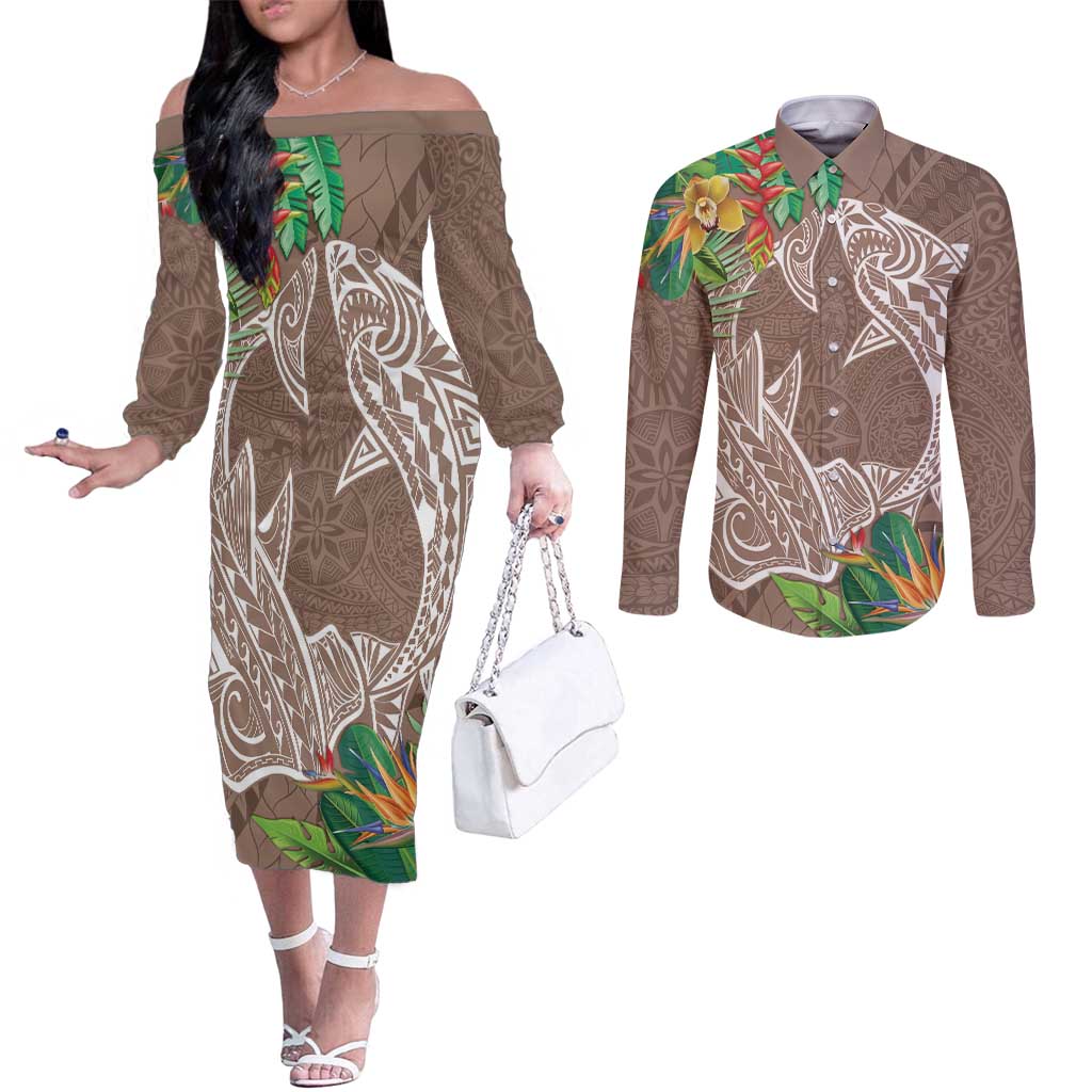 Polynesia Couples Matching Off The Shoulder Long Sleeve Dress and Long Sleeve Button Shirt Sharks Duo Tropical Brown LT7 Brown - Polynesian Pride