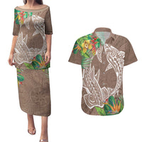 Polynesia Couples Matching Puletasi and Hawaiian Shirt Sharks Duo Tropical Brown LT7 Brown - Polynesian Pride