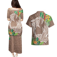 Polynesia Couples Matching Puletasi and Hawaiian Shirt Sharks Duo Tropical Brown LT7 - Polynesian Pride