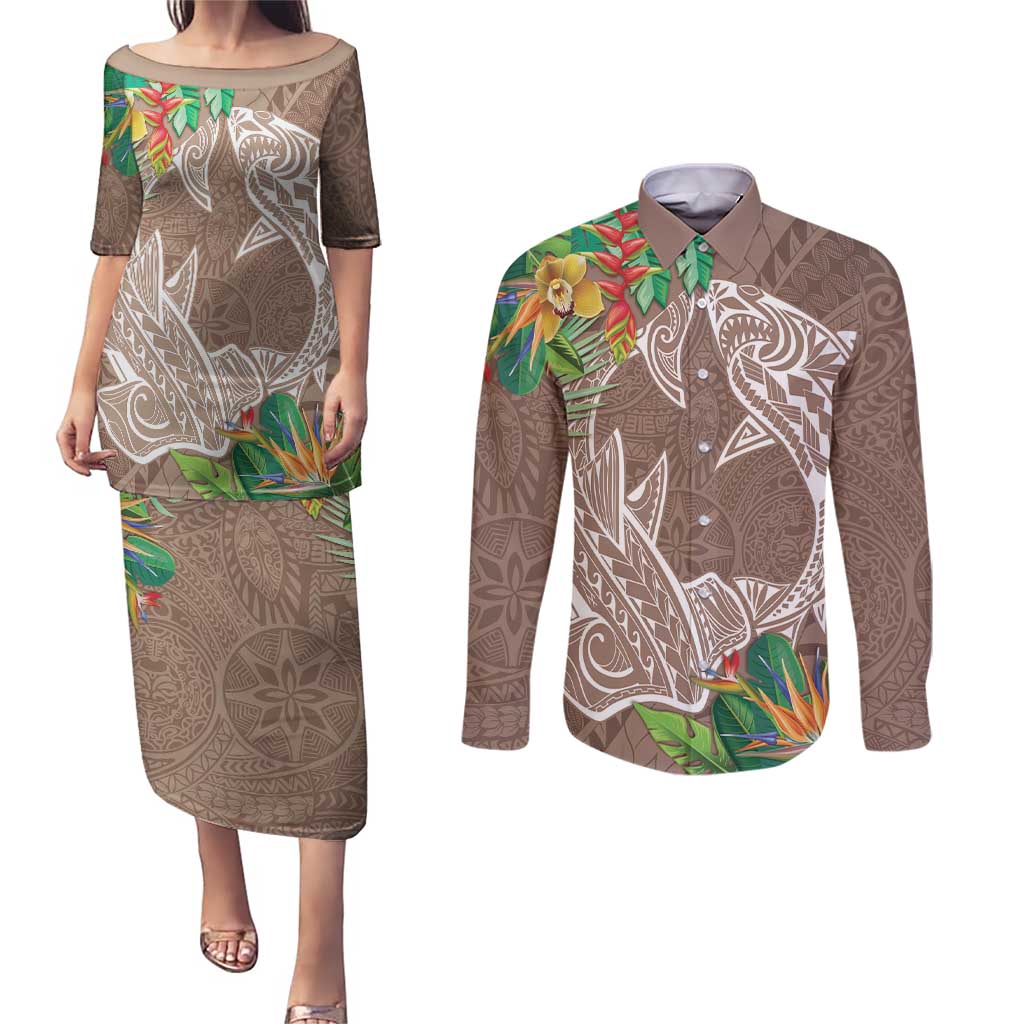 Polynesia Couples Matching Puletasi and Long Sleeve Button Shirt Sharks Duo Tropical Brown LT7 Brown - Polynesian Pride
