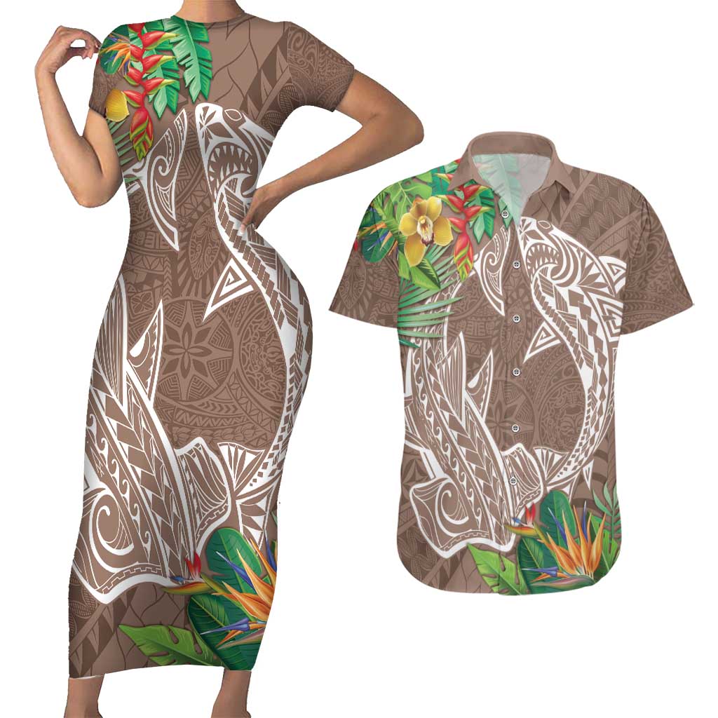 Polynesia Couples Matching Short Sleeve Bodycon Dress and Hawaiian Shirt Sharks Duo Tropical Brown LT7 Brown - Polynesian Pride