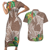 Polynesia Couples Matching Short Sleeve Bodycon Dress and Hawaiian Shirt Sharks Duo Tropical Brown LT7 Brown - Polynesian Pride