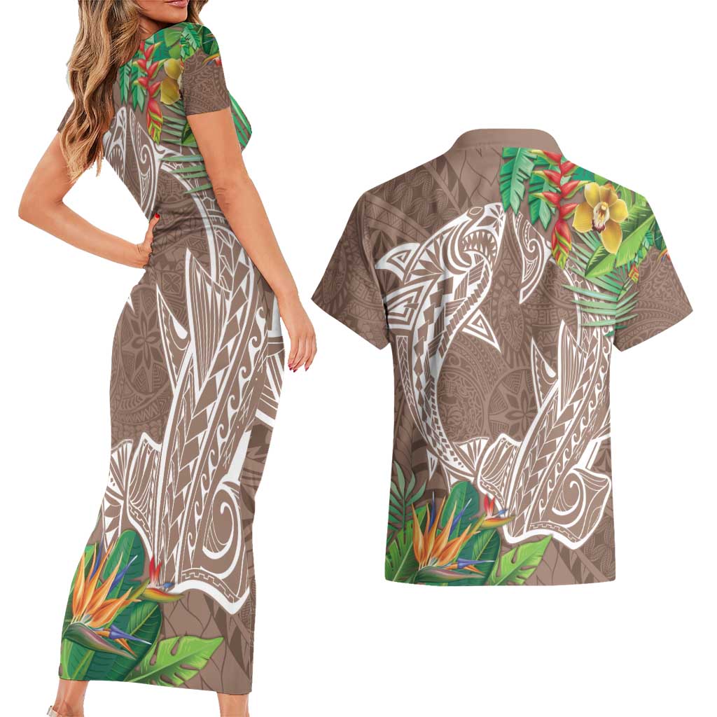Polynesia Couples Matching Short Sleeve Bodycon Dress and Hawaiian Shirt Sharks Duo Tropical Brown LT7 - Polynesian Pride