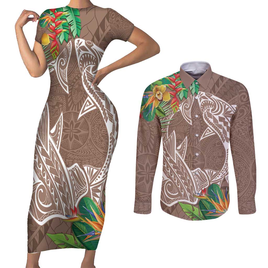 Polynesia Couples Matching Short Sleeve Bodycon Dress and Long Sleeve Button Shirt Sharks Duo Tropical Brown LT7 Brown - Polynesian Pride