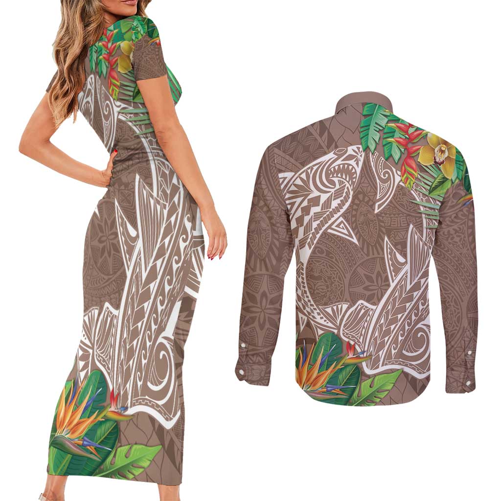Polynesia Couples Matching Short Sleeve Bodycon Dress and Long Sleeve Button Shirt Sharks Duo Tropical Brown LT7 - Polynesian Pride