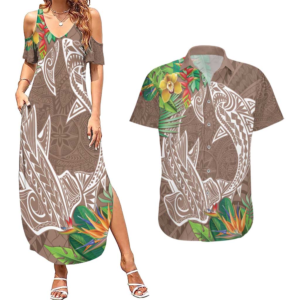 Polynesia Couples Matching Summer Maxi Dress and Hawaiian Shirt Sharks Duo Tropical Brown LT7 Brown - Polynesian Pride