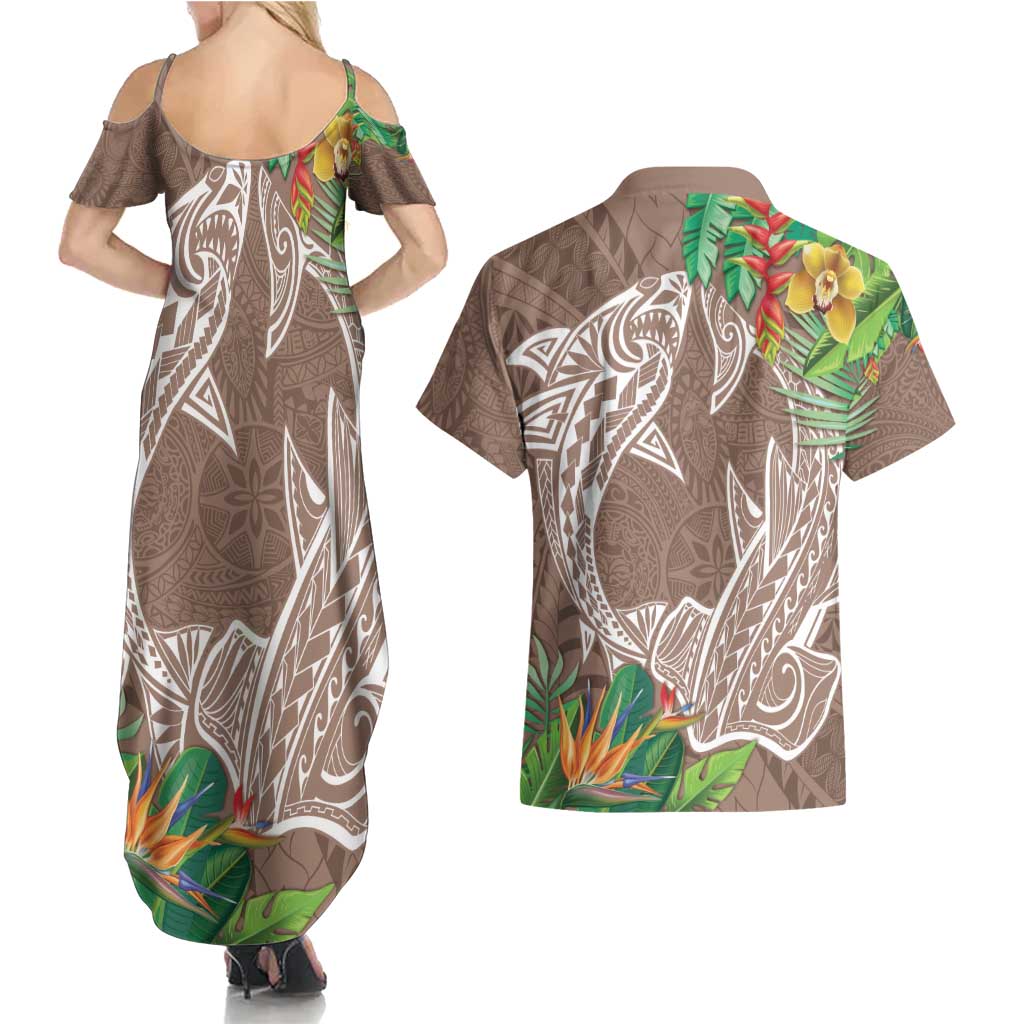 Polynesia Couples Matching Summer Maxi Dress and Hawaiian Shirt Sharks Duo Tropical Brown LT7 - Polynesian Pride