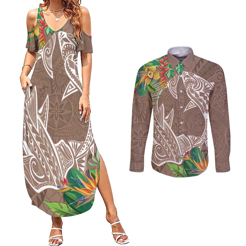 Polynesia Couples Matching Summer Maxi Dress and Long Sleeve Button Shirt Sharks Duo Tropical Brown LT7 Brown - Polynesian Pride