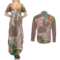 Polynesia Couples Matching Summer Maxi Dress and Long Sleeve Button Shirt Sharks Duo Tropical Brown LT7 - Polynesian Pride