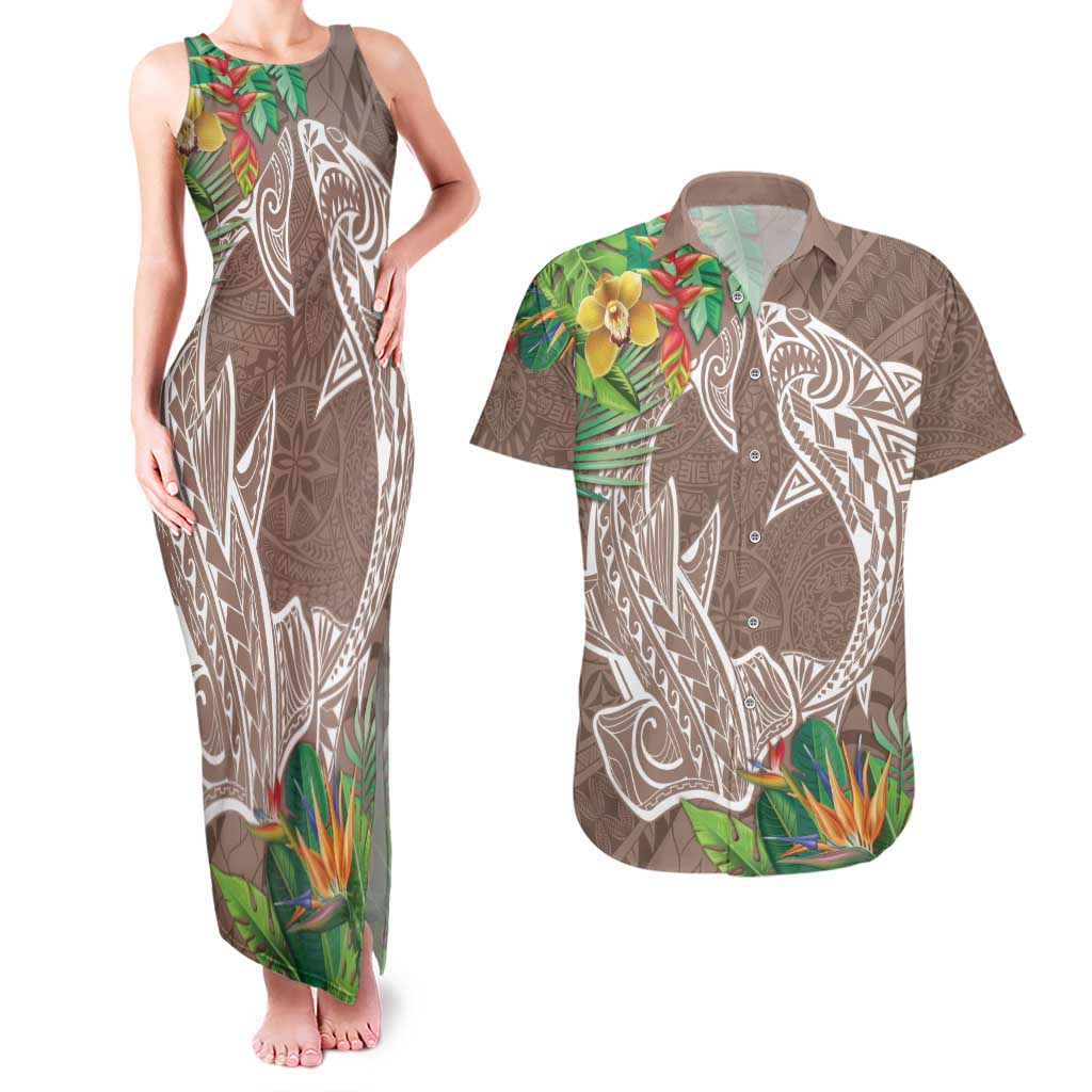 Polynesia Couples Matching Tank Maxi Dress and Hawaiian Shirt Sharks Duo Tropical Brown LT7 Brown - Polynesian Pride