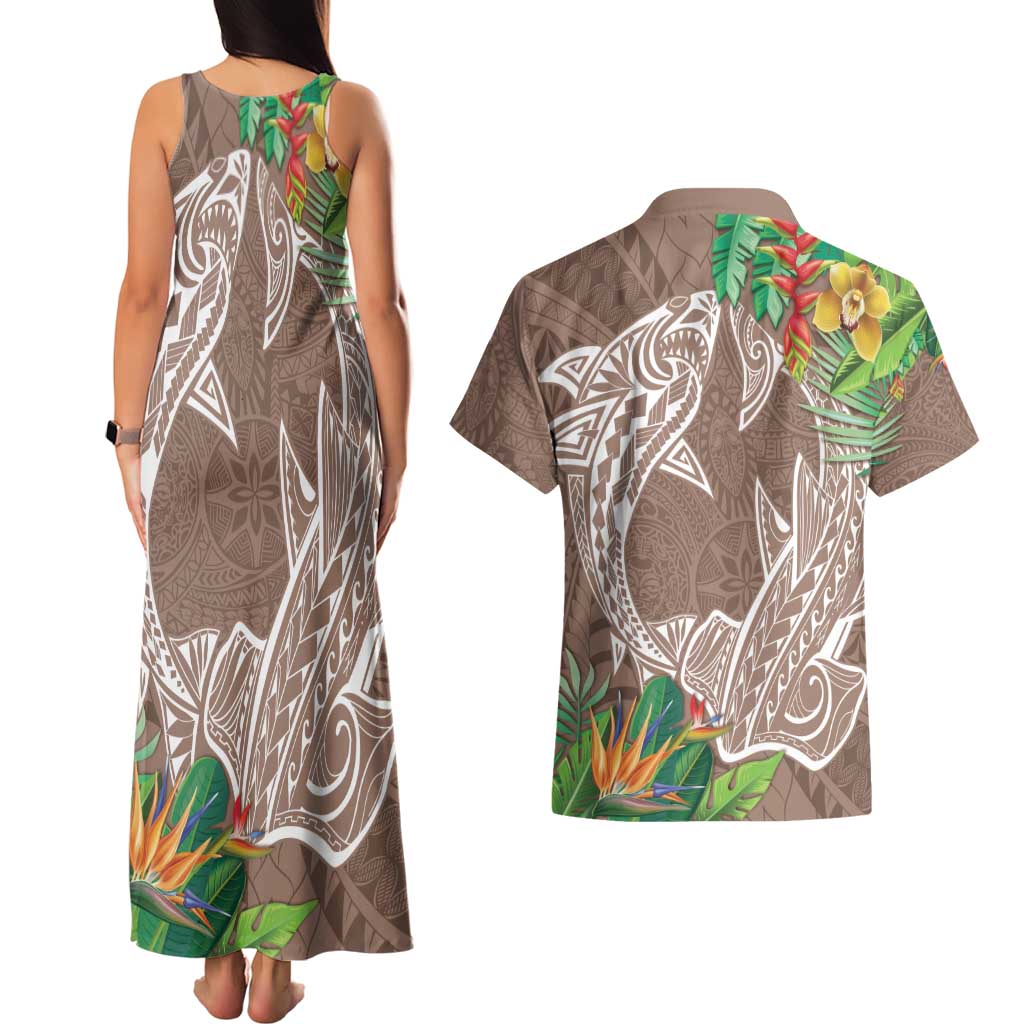 Polynesia Couples Matching Tank Maxi Dress and Hawaiian Shirt Sharks Duo Tropical Brown LT7 - Polynesian Pride