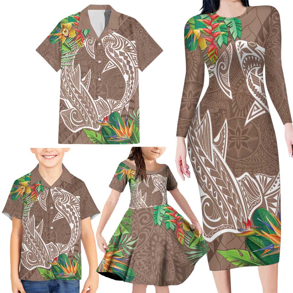 Polynesia Family Matching Long Sleeve Bodycon Dress and Hawaiian Shirt Sharks Duo Tropical Brown