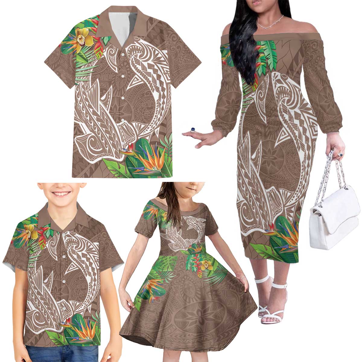 Polynesia Family Matching Off The Shoulder Long Sleeve Dress and Hawaiian Shirt Sharks Duo Tropical Brown