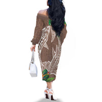 Polynesia Family Matching Off The Shoulder Long Sleeve Dress and Hawaiian Shirt Sharks Duo Tropical Brown LT7 - Polynesian Pride