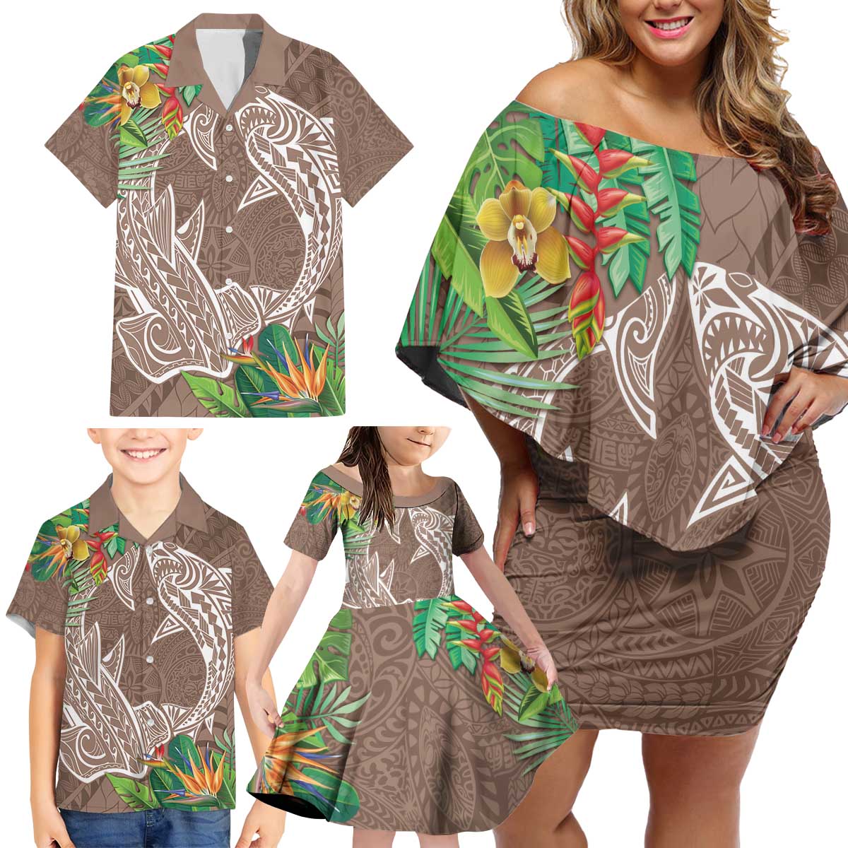 Polynesia Family Matching Off Shoulder Short Dress and Hawaiian Shirt Sharks Duo Tropical Brown LT7 - Polynesian Pride