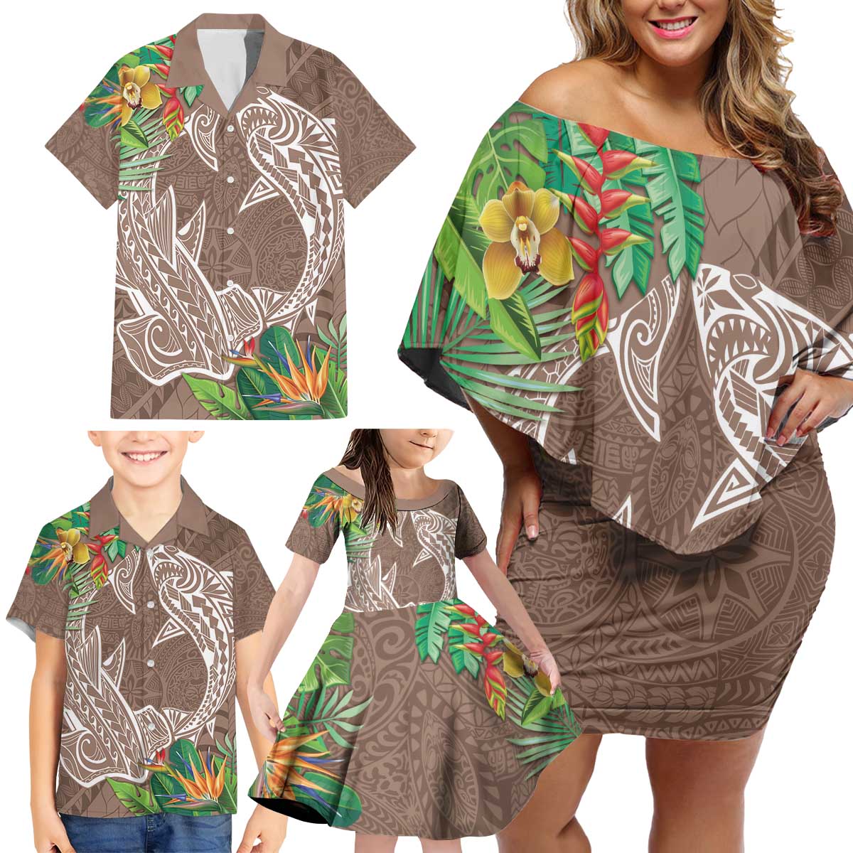 Polynesia Family Matching Off Shoulder Short Dress and Hawaiian Shirt Sharks Duo Tropical Brown