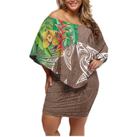 Polynesia Family Matching Off Shoulder Short Dress and Hawaiian Shirt Sharks Duo Tropical Brown LT7 Mom's Dress Brown - Polynesian Pride