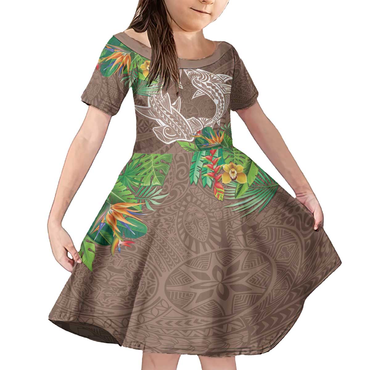 Polynesia Family Matching Puletasi and Hawaiian Shirt Sharks Duo Tropical Brown LT7 Daughter's Dress Brown - Polynesian Pride