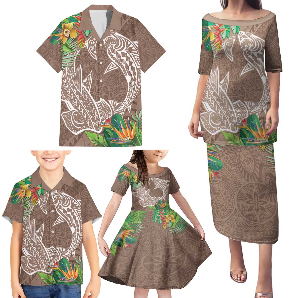 Polynesia Family Matching Puletasi and Hawaiian Shirt Sharks Duo Tropical Brown LT7 - Polynesian Pride
