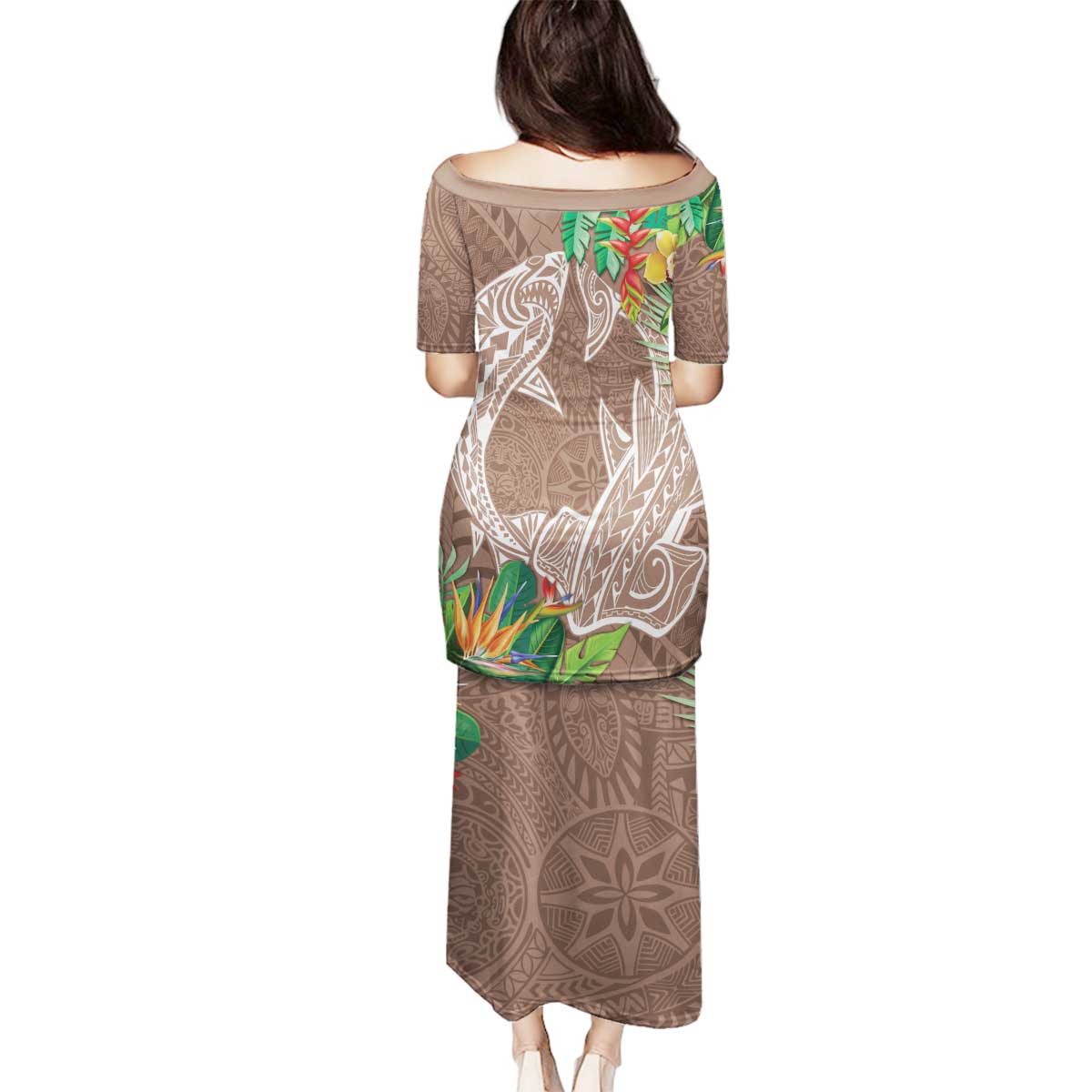 Polynesia Family Matching Puletasi and Hawaiian Shirt Sharks Duo Tropical Brown LT7 - Polynesian Pride