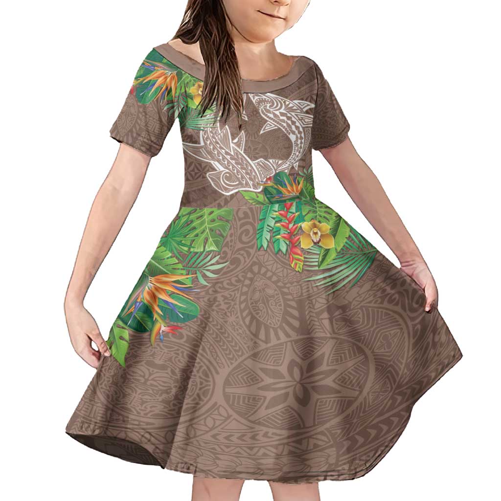 Polynesia Family Matching Summer Maxi Dress and Hawaiian Shirt Sharks Duo Tropical Brown LT7 Daughter's Dress Brown - Polynesian Pride