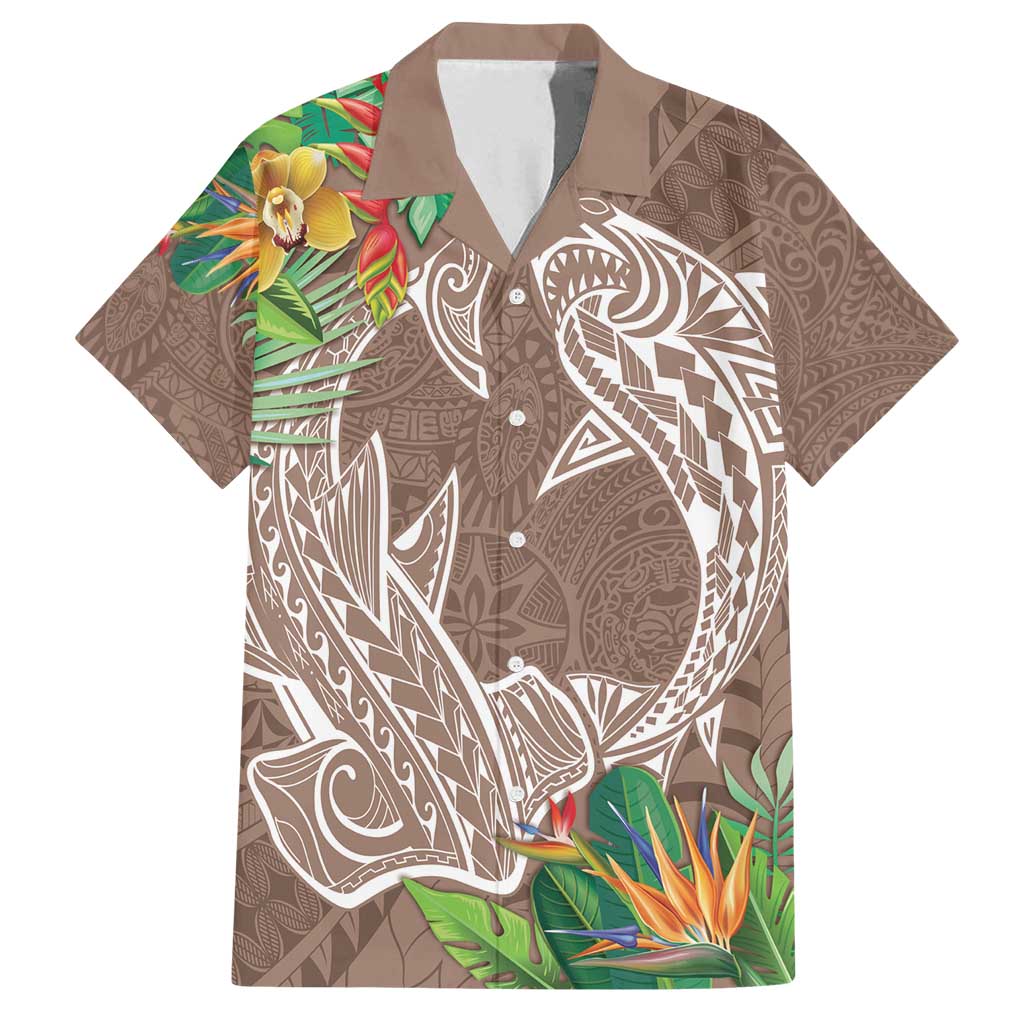 Polynesia Family Matching Summer Maxi Dress and Hawaiian Shirt Sharks Duo Tropical Brown LT7 Dad's Shirt - Short Sleeve Brown - Polynesian Pride