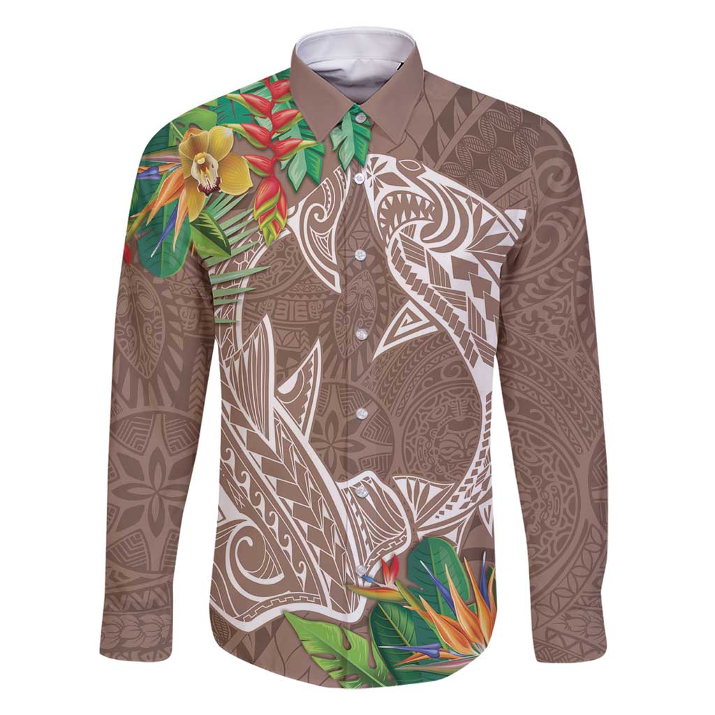 Polynesia Family Matching Summer Maxi Dress and Hawaiian Shirt Sharks Duo Tropical Brown LT7 Dad's Shirt - Long Sleeve Brown - Polynesian Pride