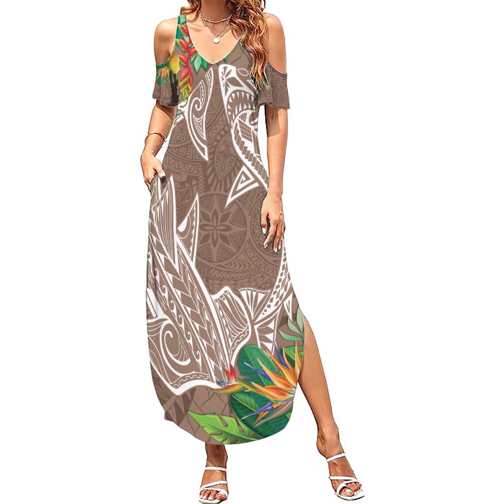 Polynesia Family Matching Summer Maxi Dress and Hawaiian Shirt Sharks Duo Tropical Brown LT7 Mom's Dress Brown - Polynesian Pride