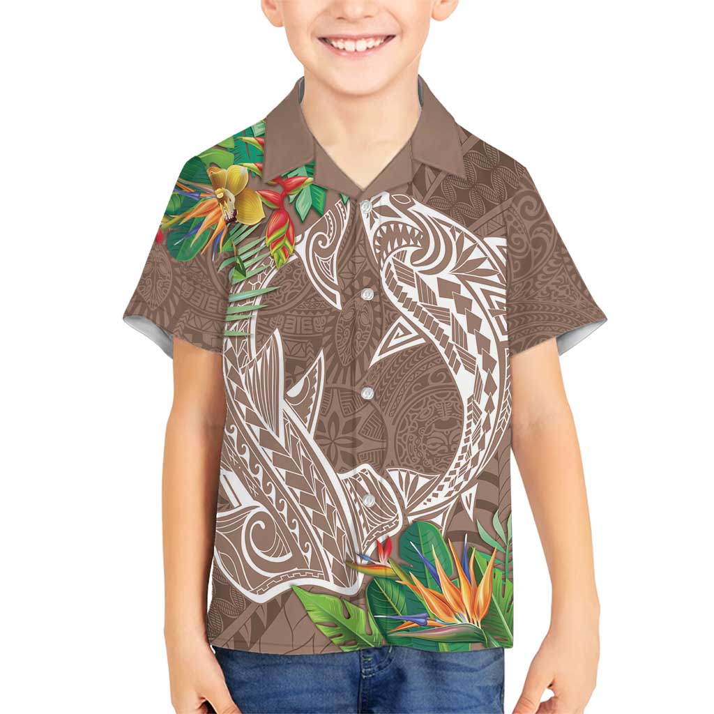 Polynesia Family Matching Summer Maxi Dress and Hawaiian Shirt Sharks Duo Tropical Brown LT7 Son's Shirt Brown - Polynesian Pride