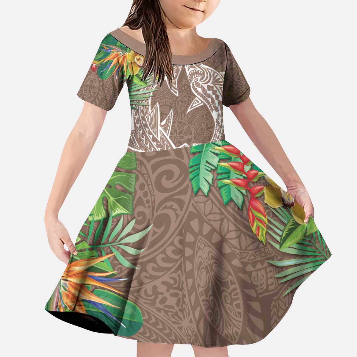 Polynesia Kid Short Sleeve Dress Sharks Duo Tropical Brown