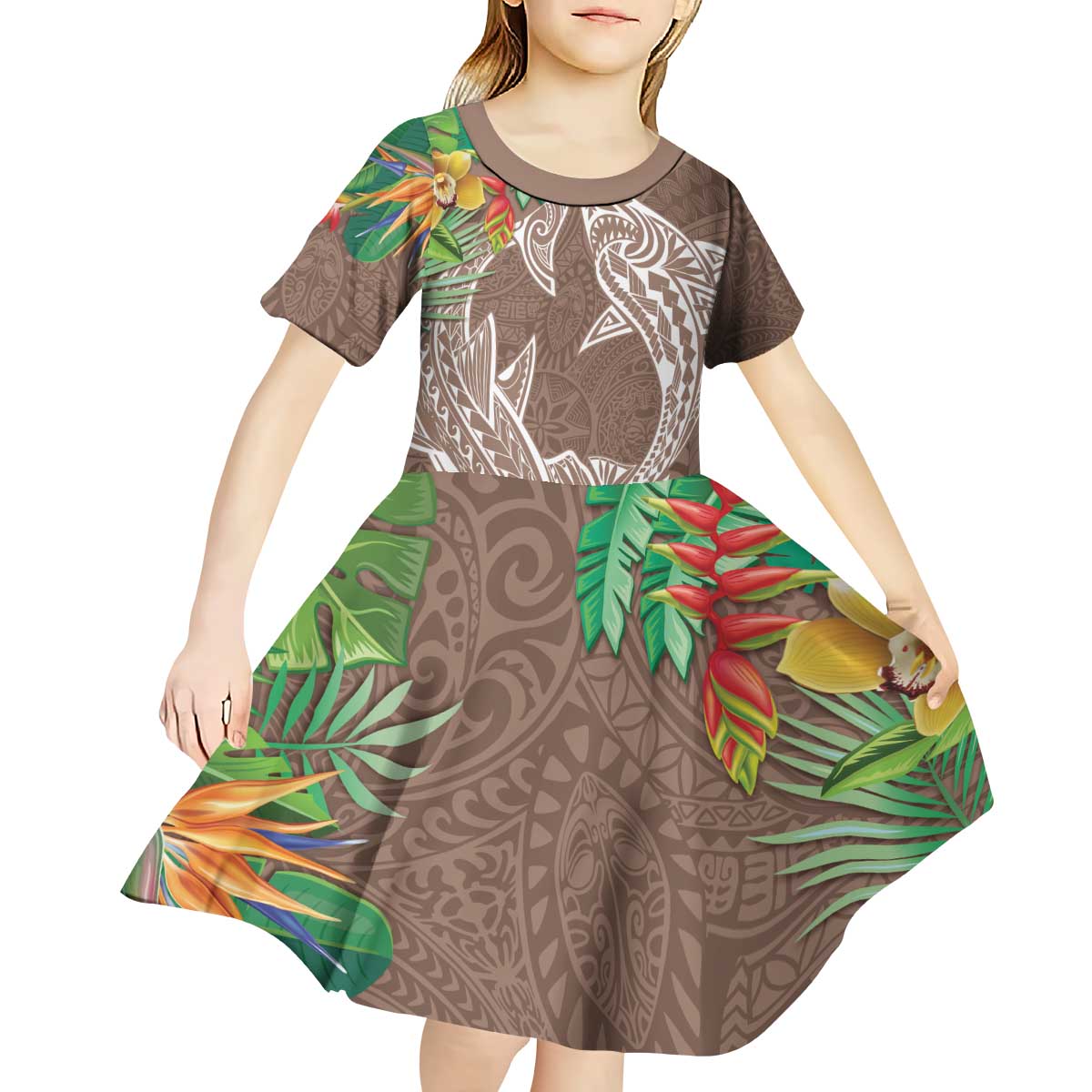 Polynesia Kid Short Sleeve Dress Sharks Duo Tropical Brown