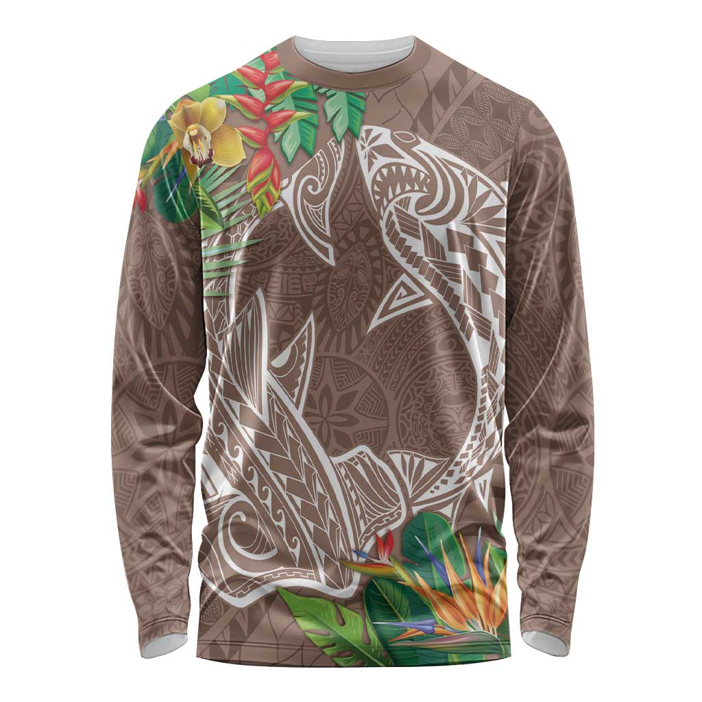 Polynesia Long Sleeve Shirt Sharks Duo Tropical Brown